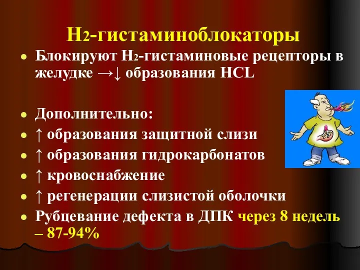 Н2-гистаминоблокаторы Блокируют Н2-гистаминовые рецепторы в желудке →↓ образования НCL Дополнительно: