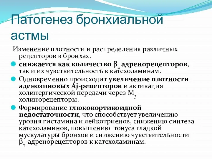 Патогенез бронхиальной астмы Изменение плотности и распределения различных рецепторов в