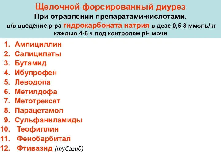 Щелочной форсированный диурез При отравлении препаратами-кислотами. в/в введение р-ра гидрокарбоната