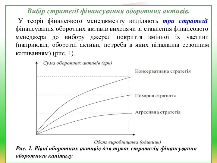 Вибір стратегії фінансування оборотних активів. У теорії фінансового менеджменту виділяють