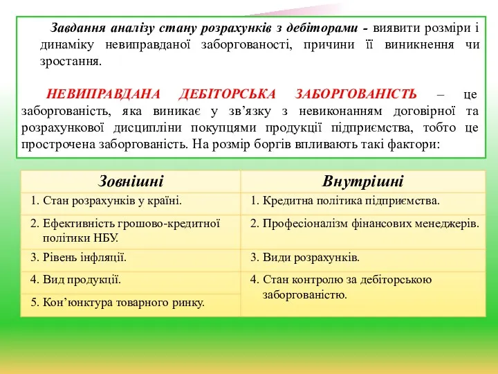 Завдання аналізу стану розрахунків з дебіторами - виявити розміри і