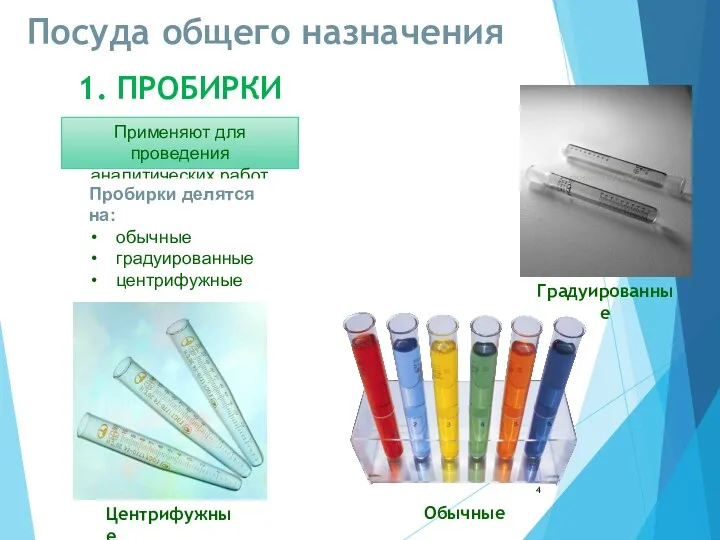 Посуда общего назначения 1. ПРОБИРКИ Применяют для проведения аналитических работ