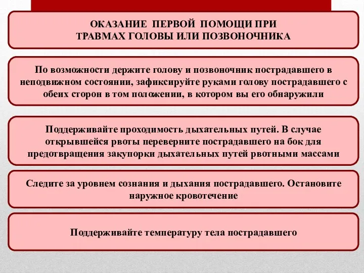 ОКАЗАНИЕ ПЕРВОЙ ПОМОЩИ ПРИ ТРАВМАХ ГОЛОВЫ ИЛИ ПОЗВОНОЧНИКА По возможности