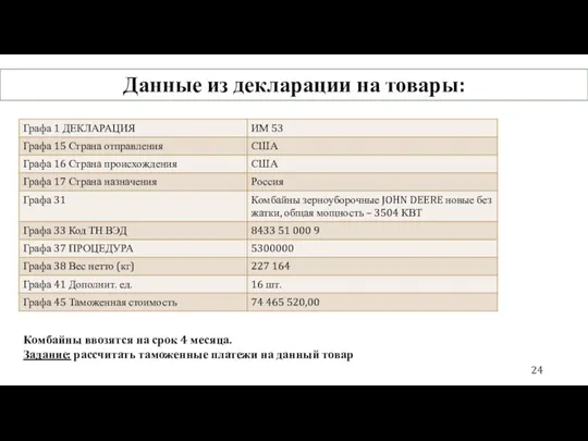 Данные из декларации на товары: Комбайны ввозятся на срок 4 месяца. Задание: рассчитать