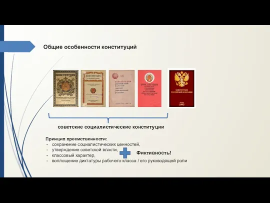 Общие особенности конституций советские социалистические конституции Принцип преемственности: сохранение социалистических