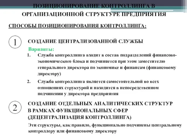 ПОЗИЦИОНИРОВАНИЕ КОНТРОЛЛИНГА В ОРГАНИЗАЦИОННОЙ СТРУКТУРЕ ПРЕДПРИЯТИЯ СПОСОБЫ ПОЗИЦИОНИРОВАНИЯ КОНТРОЛЛИНГА: Эти