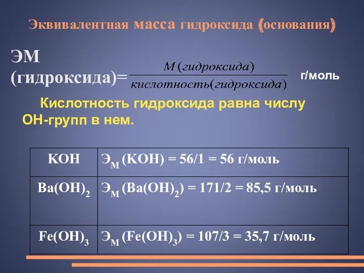 Эквивалентная масса гидроксида (основания) ЭМ (гидроксида)= Кислотность гидроксида равна числу ОН-групп в нем. г/моль