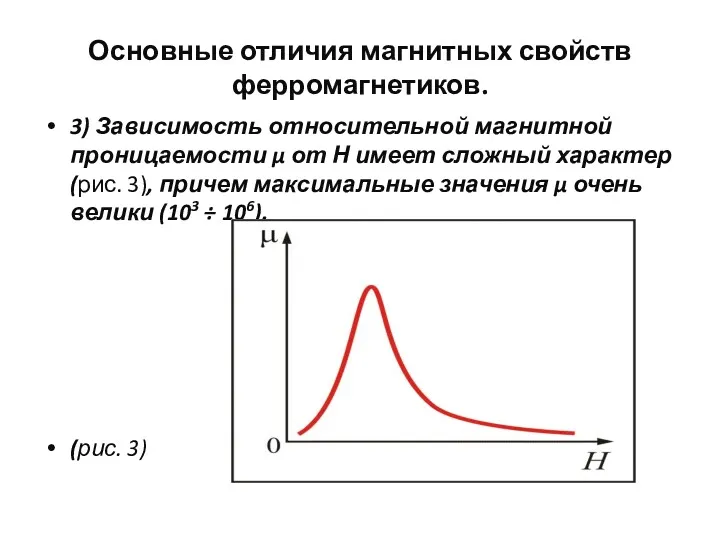 Основные отличия магнитных свойств ферромагнетиков. 3) Зависимость относительной магнитной проницаемости