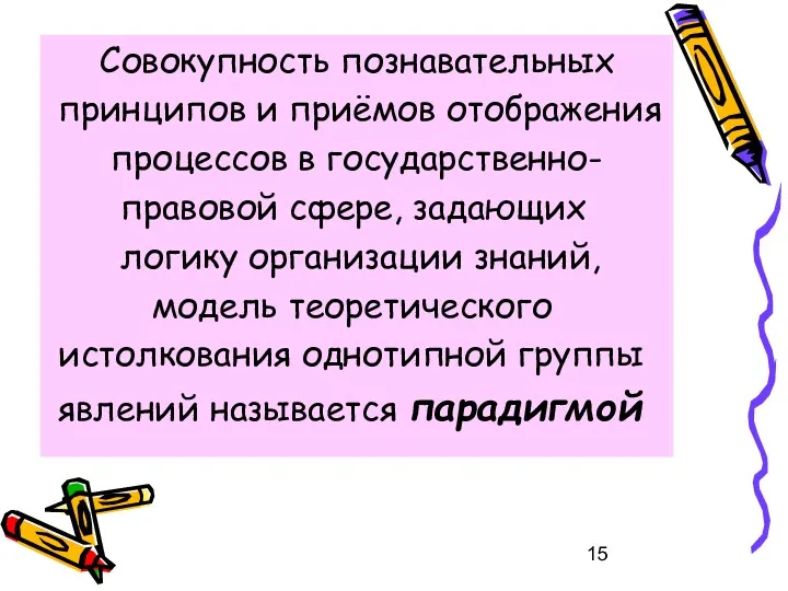 Совокупность познавательных принципов и приёмов отображения процессов в государственно- правовой сфере, задающих логику