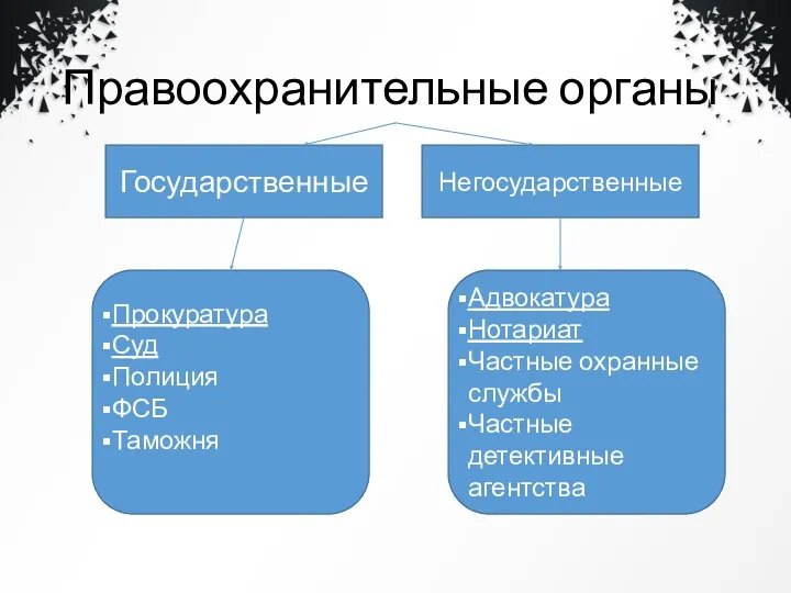 Правоохранительные органы Государственные Негосударственные Прокуратура Суд Полиция ФСБ Таможня Адвокатура