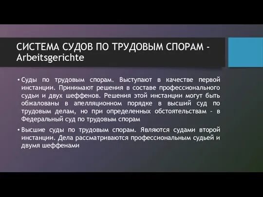 СИСТЕМА СУДОВ ПО ТРУДОВЫМ СПОРАМ - Arbeitsgerichte Суды по трудовым