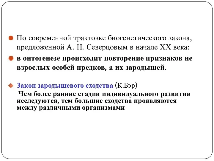 По современной трактовке биогенетического закона, предложенной А. Н. Северцовым в