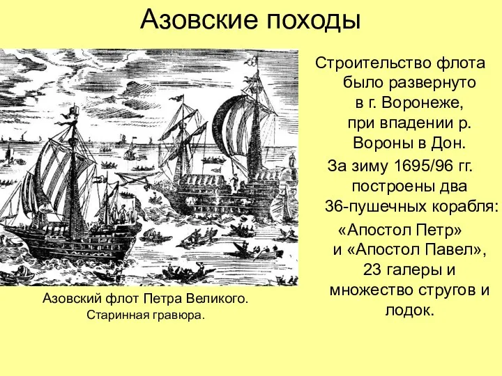 Азовские походы Строительство флота было развернуто в г. Воронеже, при