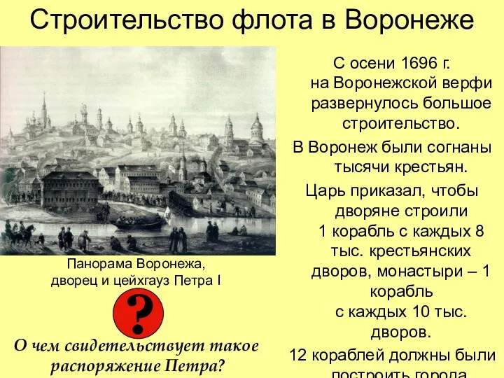 Строительство флота в Воронеже С осени 1696 г. на Воронежской