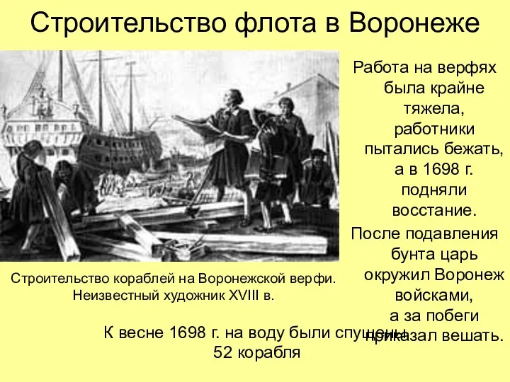 Строительство флота в Воронеже Работа на верфях была крайне тяжела,