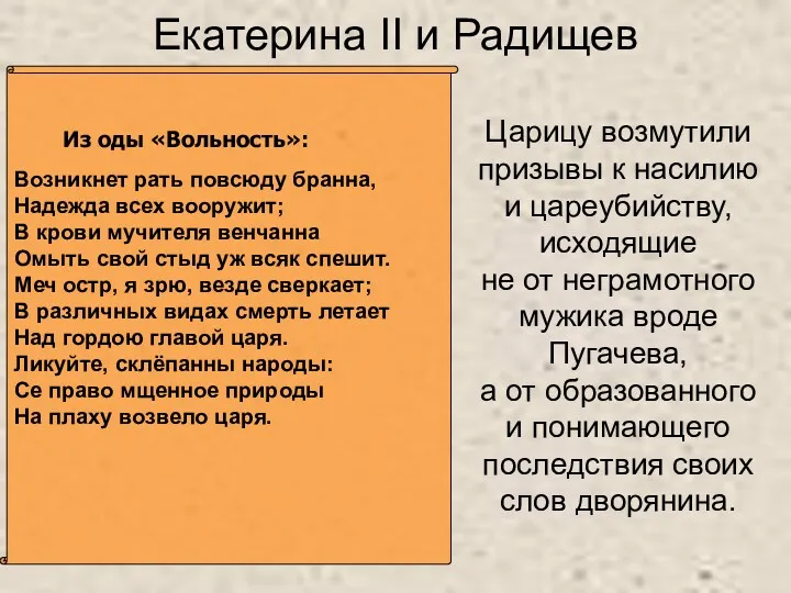 Екатерина II и Радищев Царицу возмутили призывы к насилию и