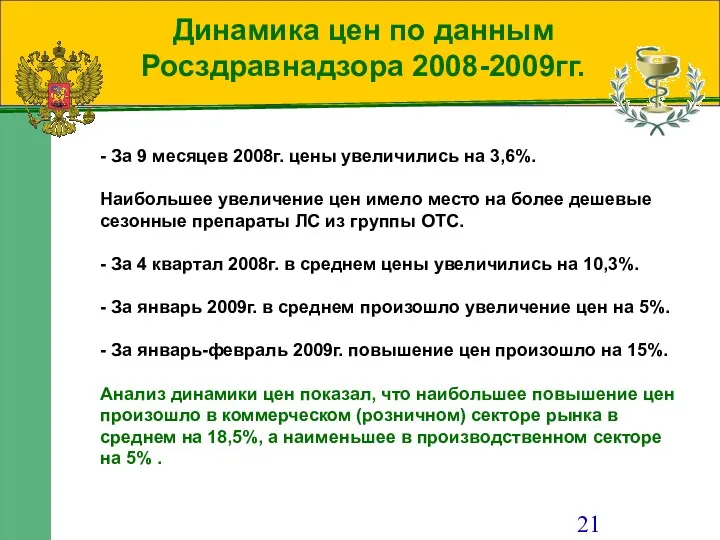 Динамика цен по данным Росздравнадзора 2008-2009гг. - За 9 месяцев