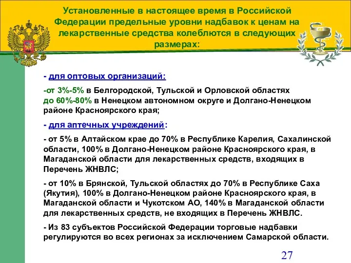 Установленные в настоящее время в Российской Федерации предельные уровни надбавок