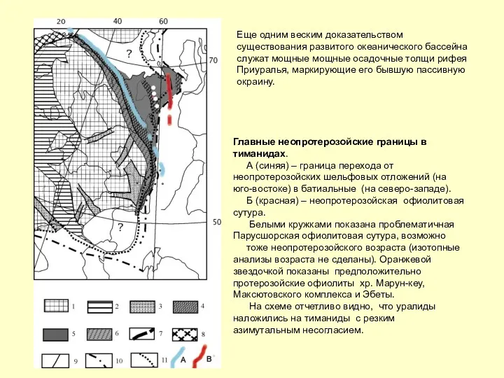 Главные неопротерозойские границы в тиманидах. А (синяя) – граница перехода