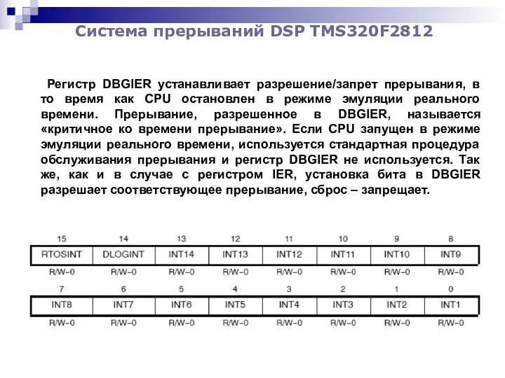 Система прерываний DSP TMS320F2812 Регистр DBGIER устанавливает разрешение/запрет прерывания, в