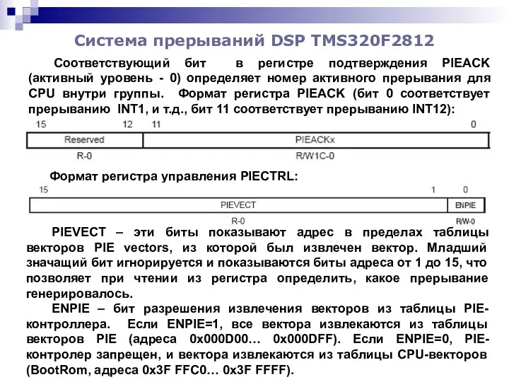 Система прерываний DSP TMS320F2812 Соответствующий бит в регистре подтверждения PIEACK