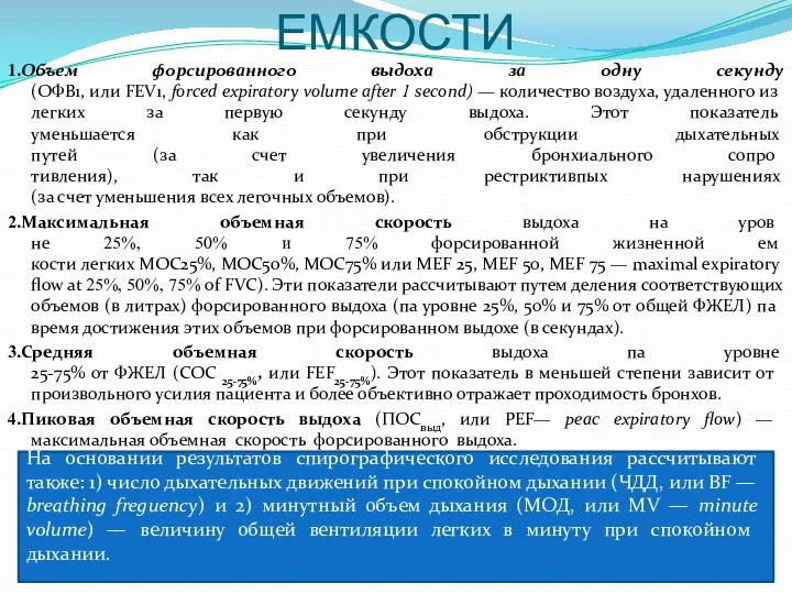 ЛЕГОЧНЫЕ ОБЪЕМЫ И ЕМКОСТИ 1.Объем форсированного выдоха за одну секунду (ОФВ1, или FEV1,