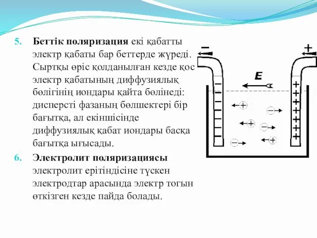 Беттік поляризация екі қабатты электр қабаты бар беттерде жүреді. Сыртқы