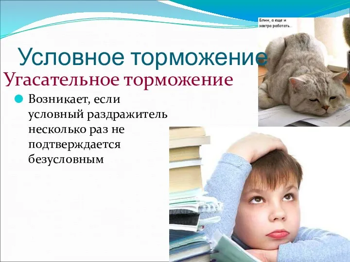 Условное торможение Возникает, если условный раздражитель несколько раз не подтверждается безусловным Угасательное торможение