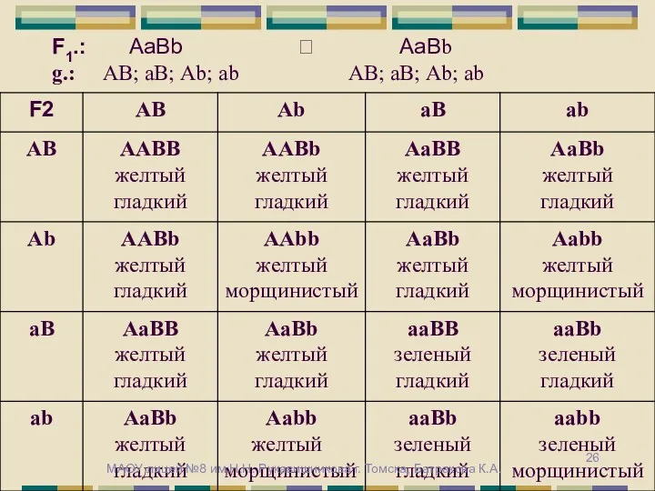 F1.: АаВb ? АаВb g.: АВ; аВ; Аb; ab АВ;