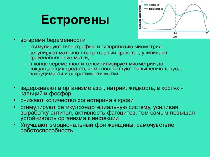 Естрогены во время беременности стимулируют гипертрофию и гиперплазию миометрия; регулируют