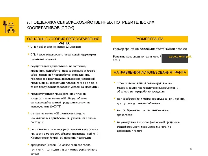 3. ПОДДЕРЖКА СЕЛЬСКОХОЗЯЙСТВЕННЫХ ПОТРЕБИТЕЛЬСКИХ КООПЕРАТИВОВ (СПОК) ОСНОВНЫЕ УСЛОВИЯ ПРЕДОСТАВЛЕНИЯ ГРАНТА