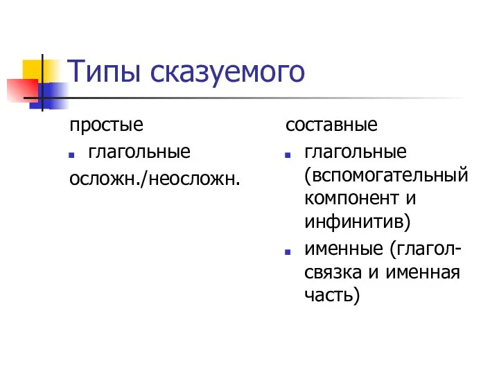 Типы сказуемого простые глагольные осложн./неосложн. составные глагольные (вспомогательный компонент и инфинитив) именные (глагол-связка и именная часть)