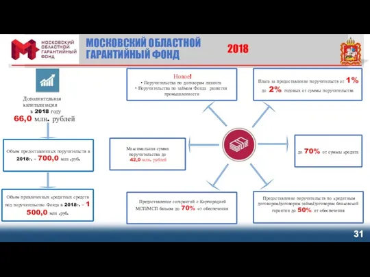 МОСКОВСКИЙ ОБЛАСТНОЙ ГАРАНТИЙНЫЙ ФОНД 2018 Дополнительная капитализация в 2018 году 66,0 млн. рублей