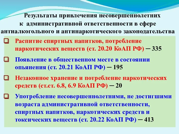 Результаты привлечения несовершеннолетних к административной ответственности в сфере антиалкогольного и