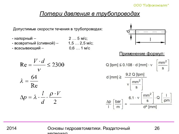 2014 Основы гидроавтоматики. Раздаточный материал Потери давления в трубопроводах Применение