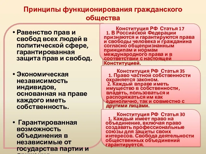 Принципы функционирования гражданского общества Равенство прав и свобод всех людей