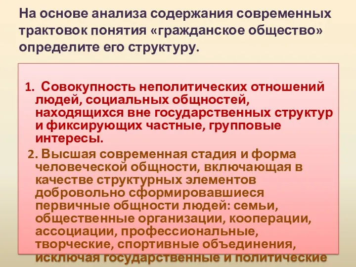 На основе анализа содержания современных трактовок понятия «гражданское общество» определите