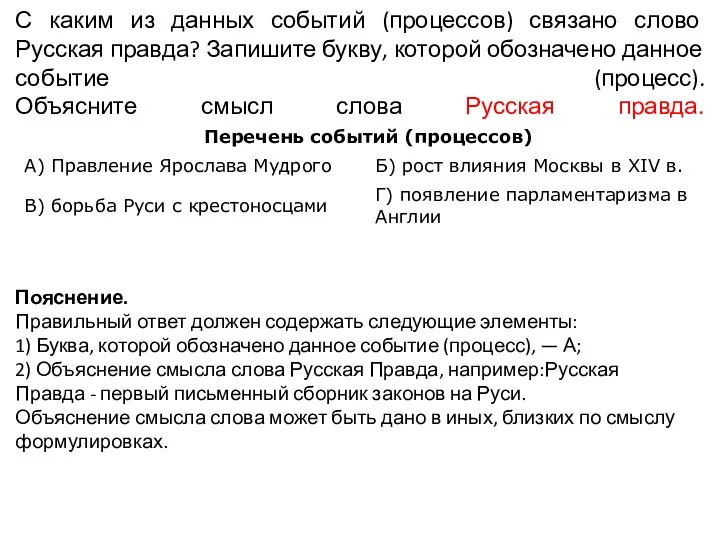 С каким из данных событий (процессов) связано слово Русская правда?