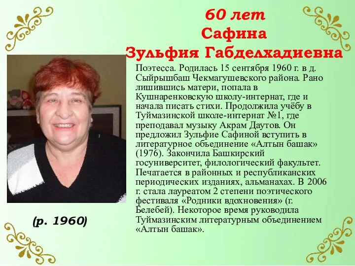 60 лет Сафина Зульфия Габделхадиевна Поэтесса. Родилась 15 сентября 1960