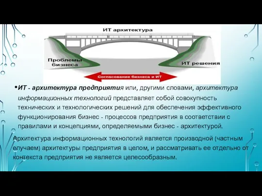 ИТ - архитектура предприятия или, другими словами, архитектура информационных технологий представляет собой совокупность