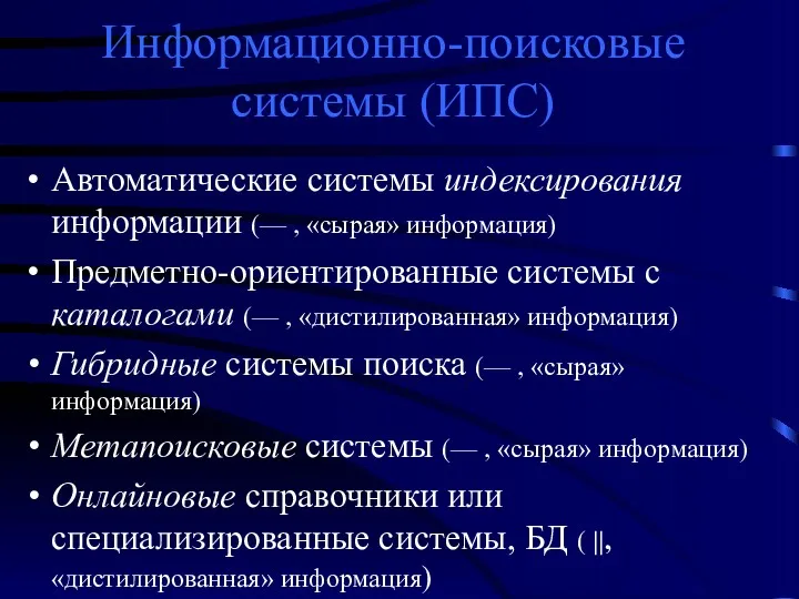 Информационно-поисковые системы (ИПС) Автоматические системы индексирования информации (— , «сырая»