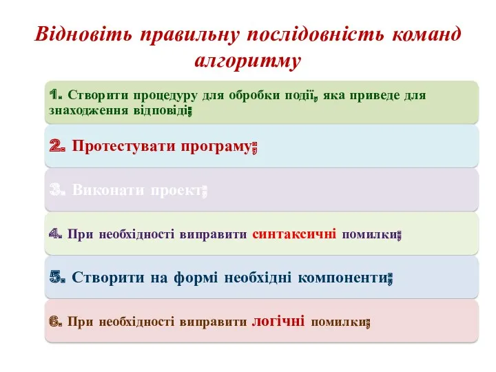 Відновіть правильну послідовність команд алгоритму