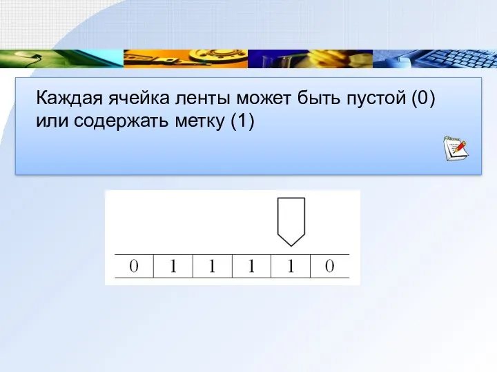 Каждая ячейка ленты может быть пустой (0) или содержать метку (1)