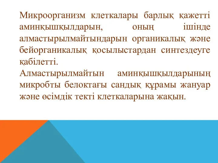 Микроорганизм клеткалары барлық қажетті аминқышқылдарын, оның ішінде алмастырылмайтындарын органикалық және