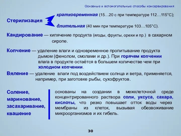 Стерилизация кратковременная (15…20 с при температуре 112…115°С); длительная (40 мин