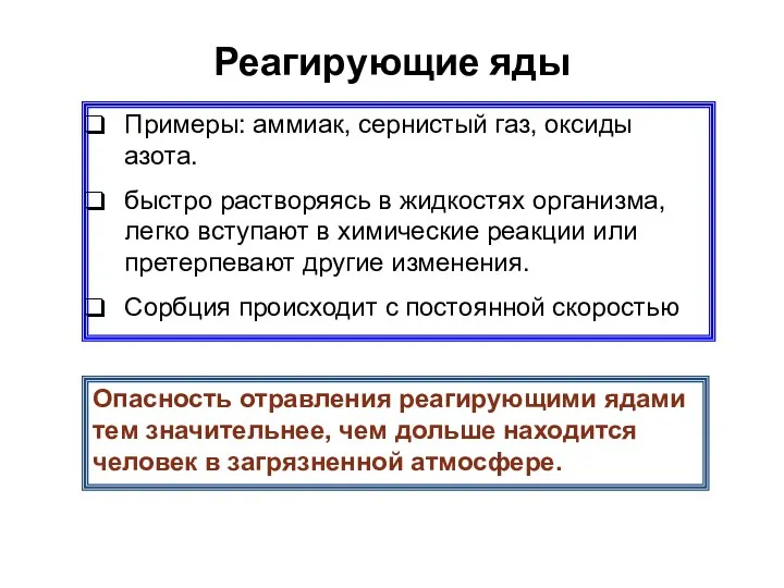 Реагирующие яды Примеры: аммиак, сернистый газ, оксиды азота. быстро растворяясь