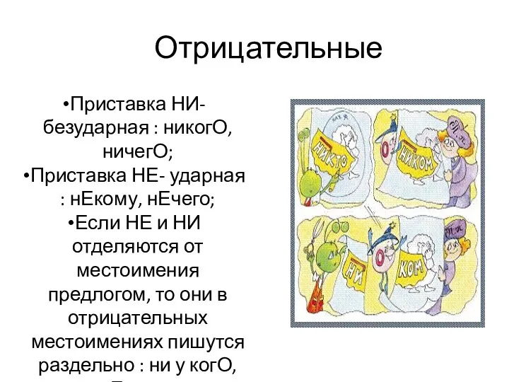 Отрицательные Приставка НИ- безударная : никогО, ничегО; Приставка НЕ- ударная