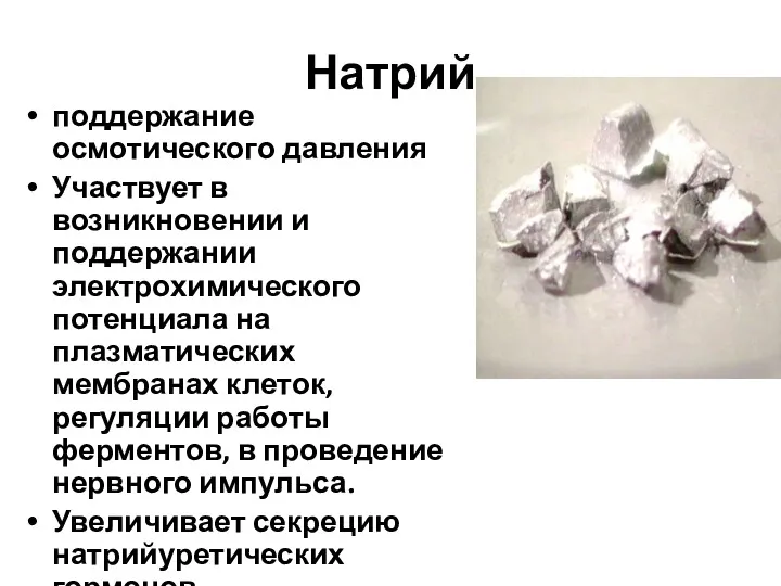 Натрий поддержание осмотического давления Участвует в возникновении и поддержании электрохимического