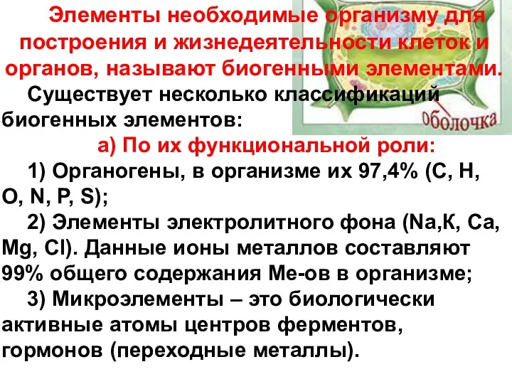 Элементы необходимые организму для построения и жизнедеятельности клеток и органов,