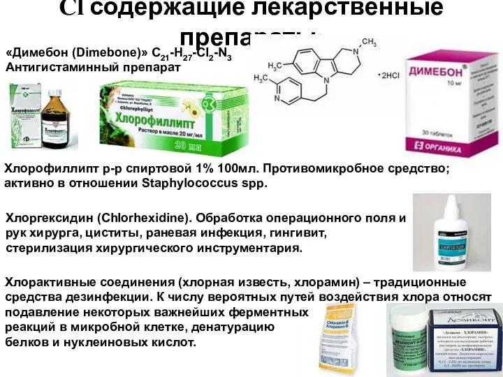 Cl содержащие лекарственные препараты: «Димебон (Dimebone)» C21-H27-Cl2-N3 Антигистаминный препарат Хлорофиллипт